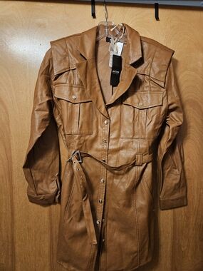 privy Cognac Faux Leather Belted Trench Coat